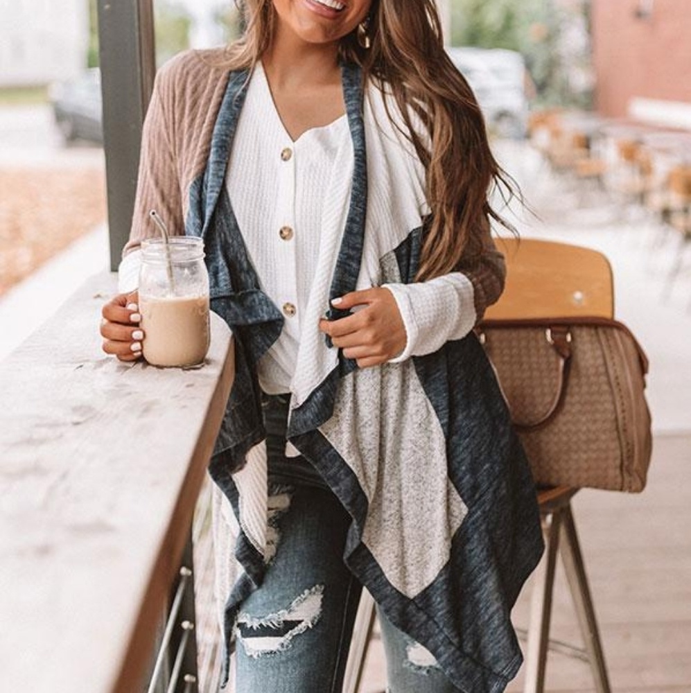 Blue Colorblock Long Asymmetrical Cardigan